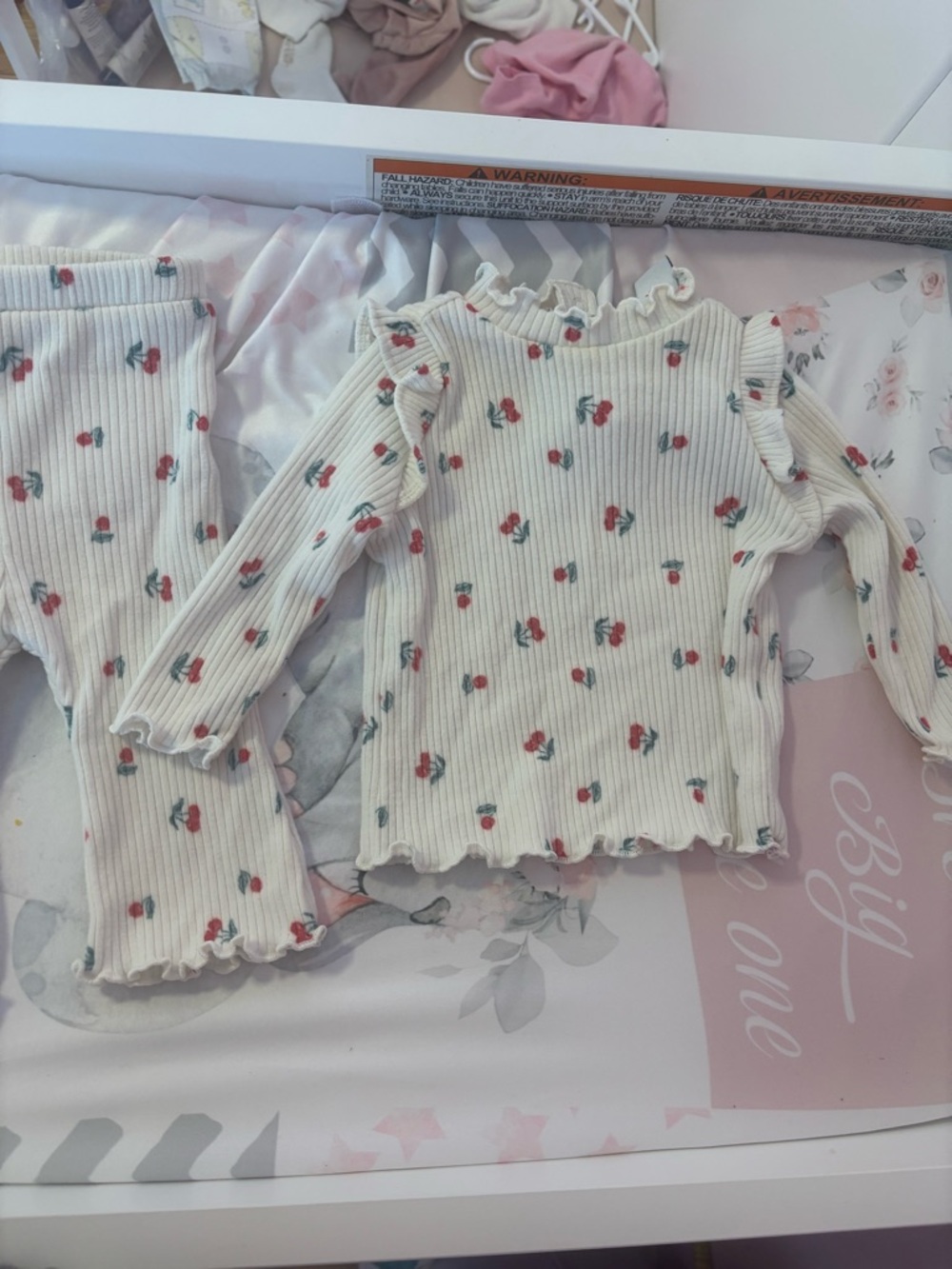 Old Navy Cream Ribbed Kids Pajama Set with Red Cherry Print